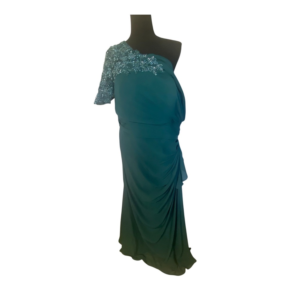 Ryanth Teal Green OneShoulder BeadedChiffon Ruched Formal Evening Gown MaxiDress